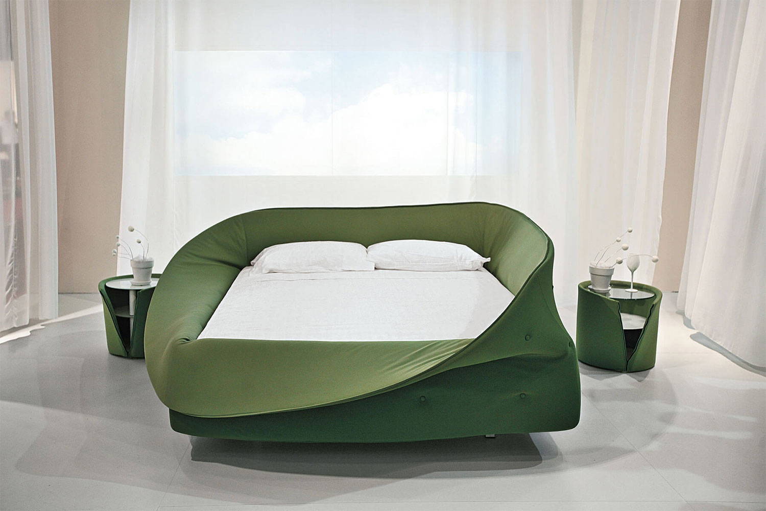 Colletto bed with Colletto upholstered end tables by Lago