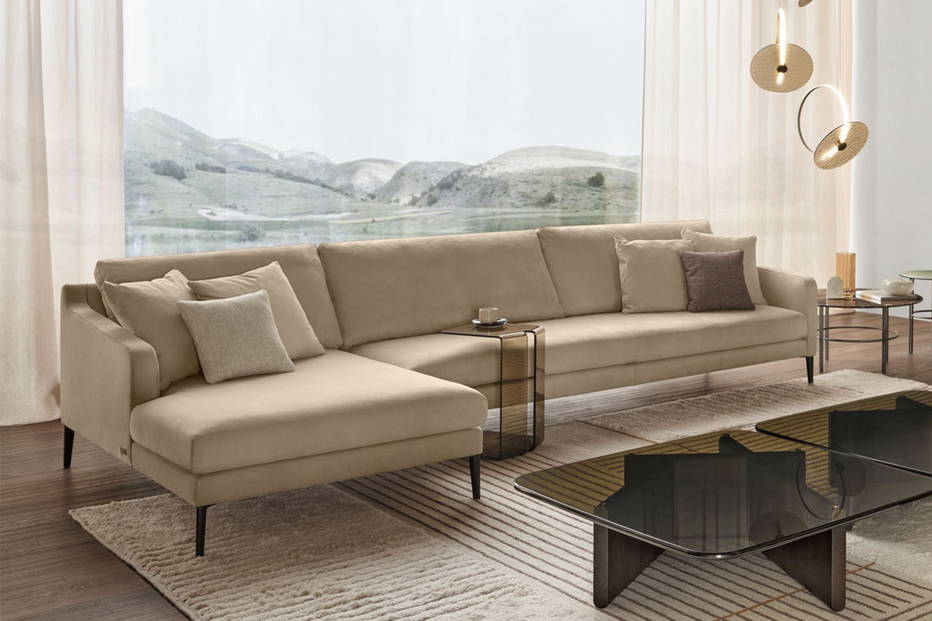Condense Sectional Sofa with Chaise with Marry Me Suspension Light, Christaline Coffee Table, York End Table, and Type Coffee Table