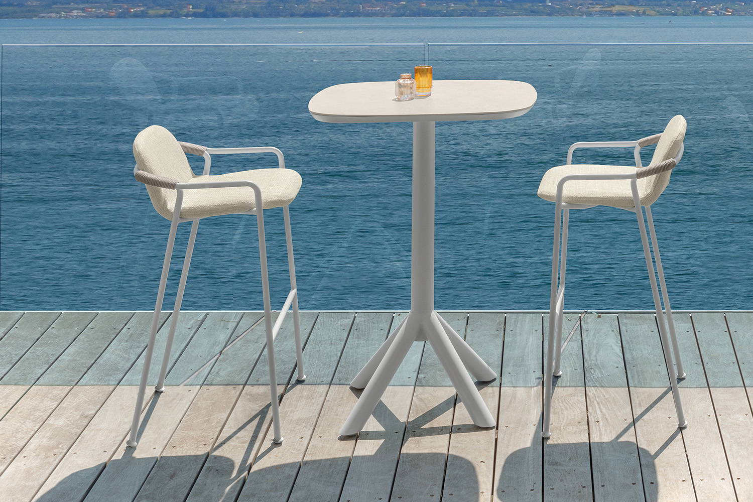 The Coral bar table with Coral bar stools.