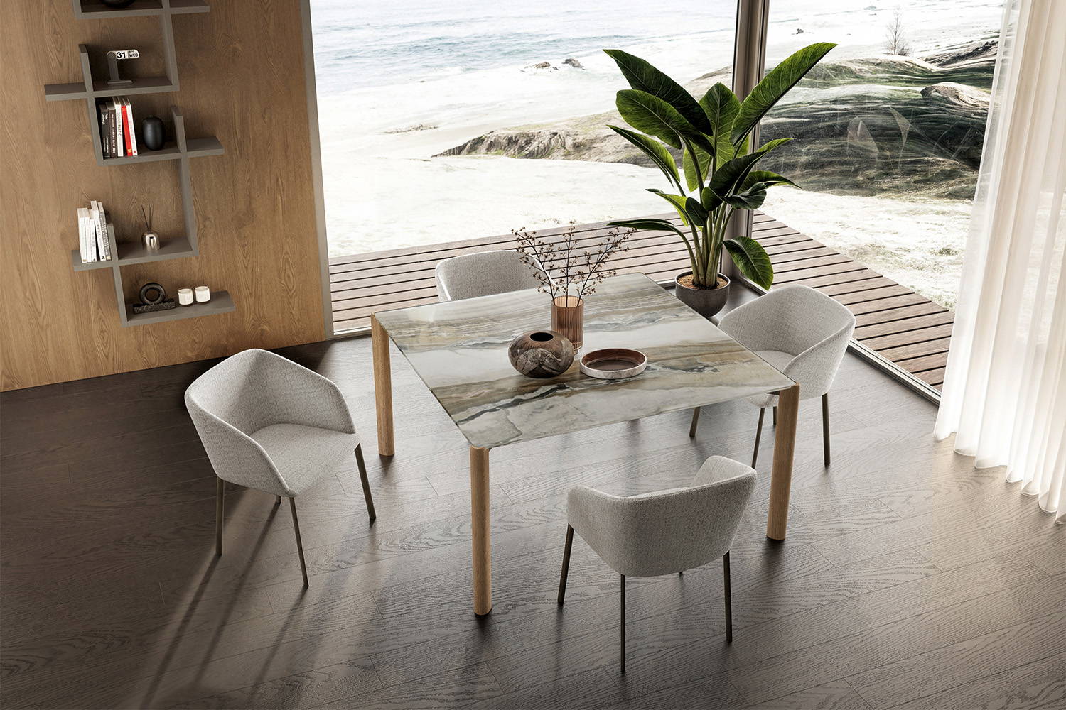 The Correr Slim square dining table with Amida dining chairs.