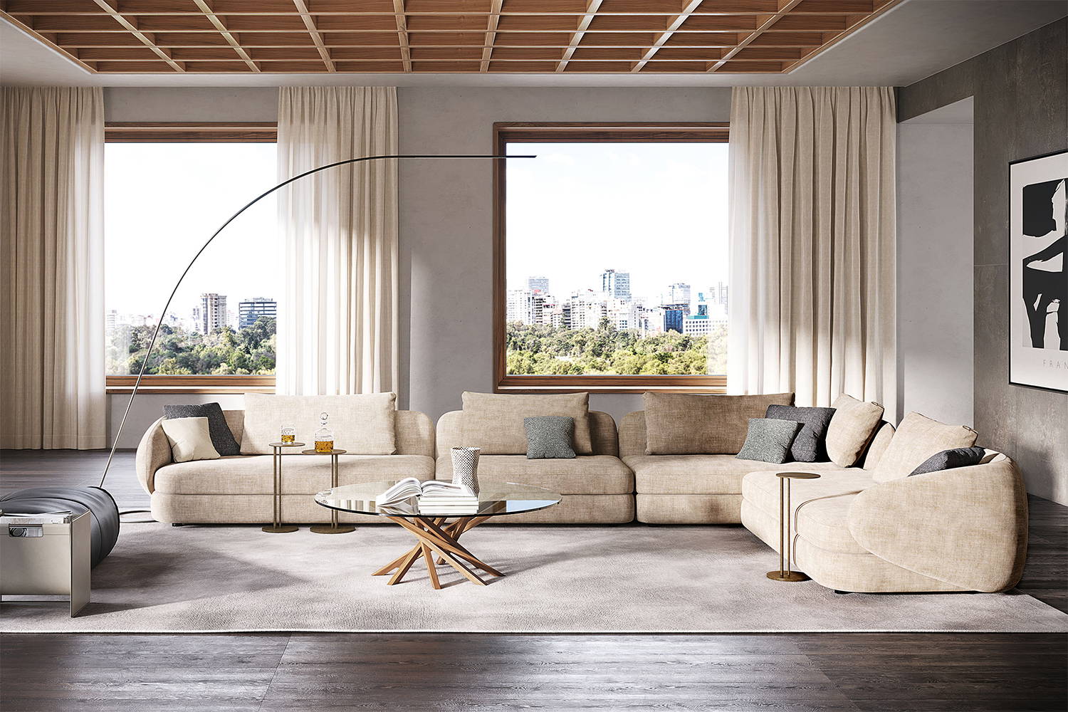 Craig J-Shape Sectional Sofa with Sting Brushed End Tables, Kimi Area Rug, Atari Coffee Table, Lampo LED Floor Lamp, and Jerry Leather Magazine Rack 