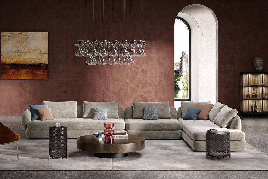 Craig Sectional Sofa with Peninsula with Arena Coffee Table, Dodo Coffee Tables, Kimi Area Rugs, Boutique Alta Cupboard, and Sablier Chandelier