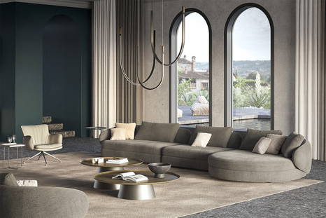 Craig Sectional Sofa with Chaise with Amerigo Coffee Tables, Kimi Area Rug, Nahun Suspension Light, Benny End Tables, and Rhonda Lounge Chair