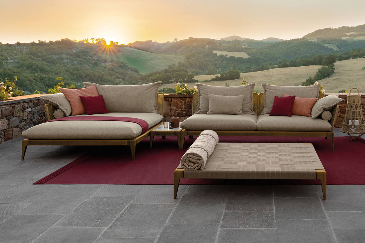 Cruise Teak chaise sectional sofa with table by Talenti Cruise Teak chaise sectional sofa with table by Talenti