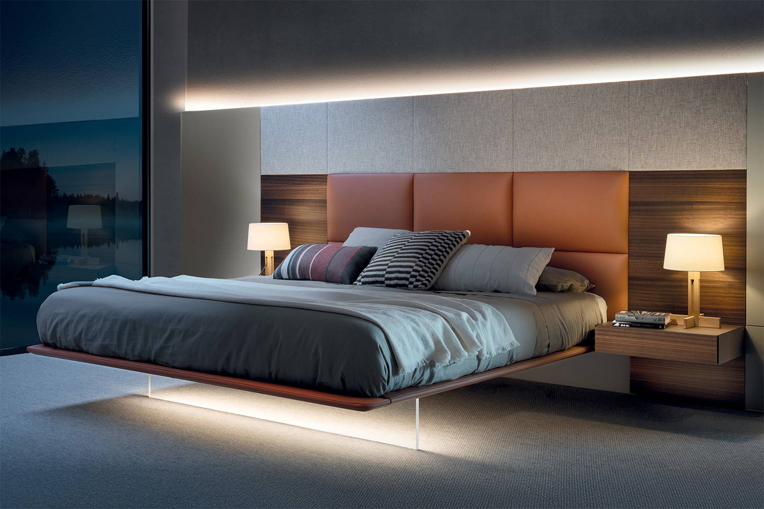 Dama Bed with low headboard and two integrated nightstands