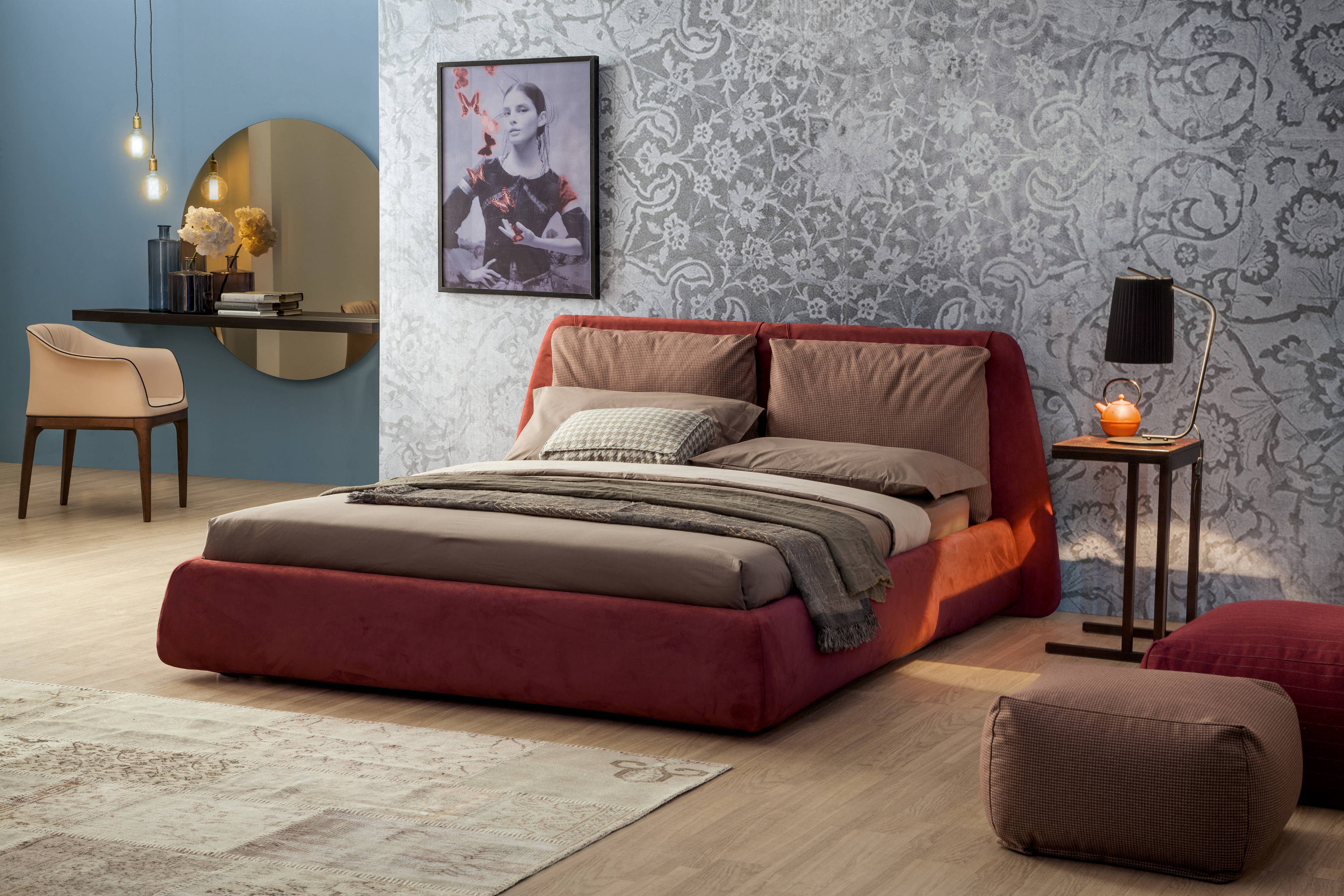 Dharma bed by Tonin Casa with Mivida Dining Chair and Sunset Console with Mirror