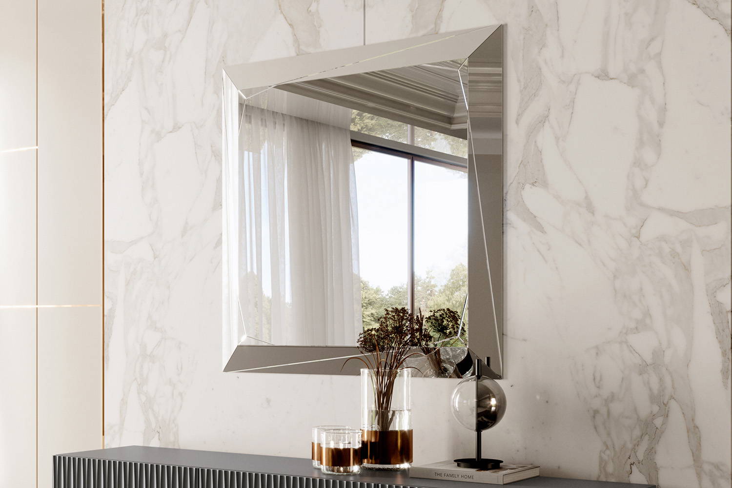 Diamante mirror features a modern stylish design