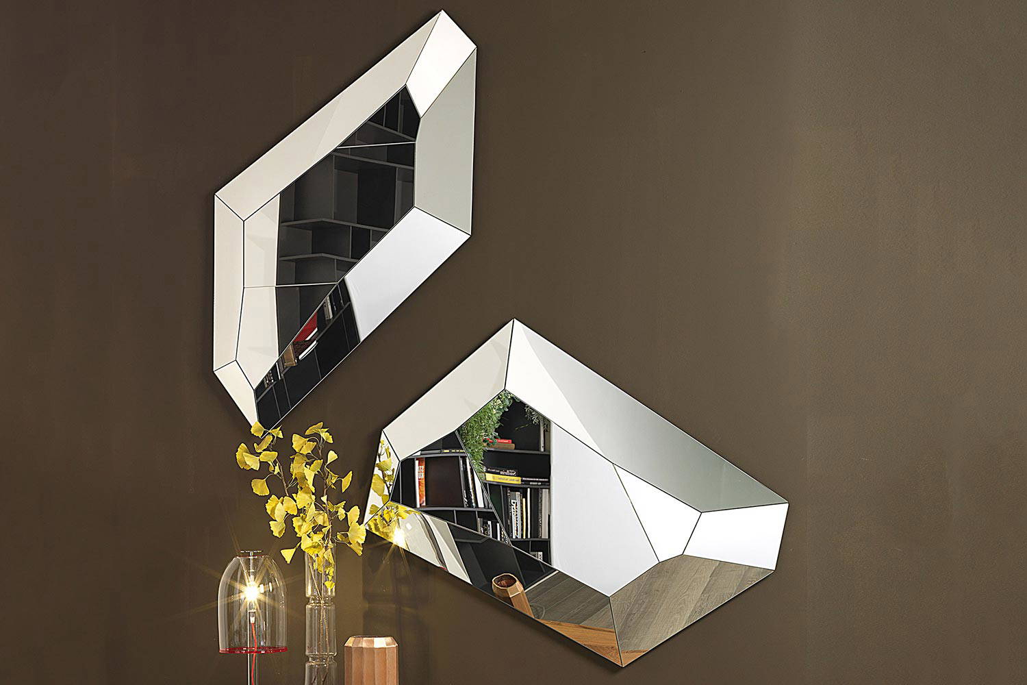 Diamond wall mirrors by Cattelan Italia hung in various positions