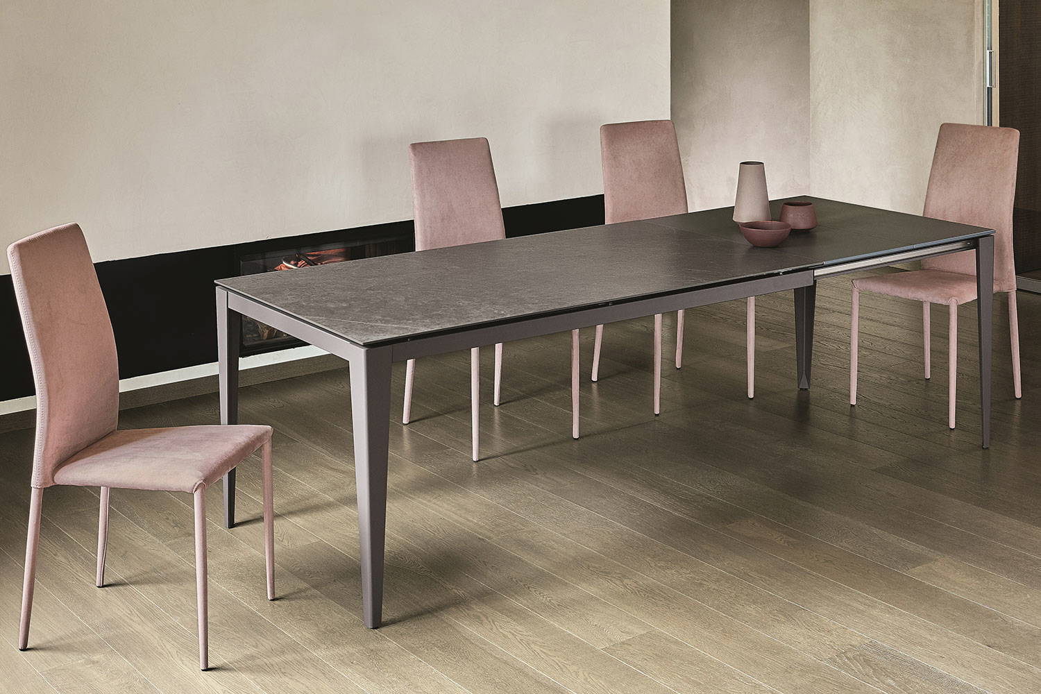 Dom extension dining table with Renee dining chairs