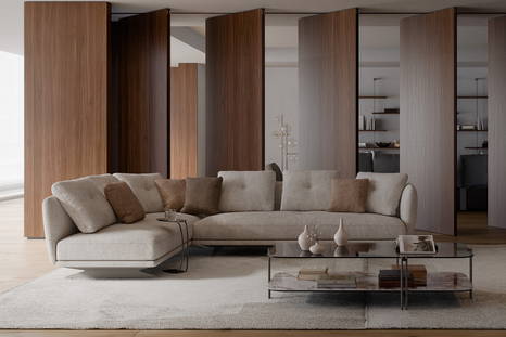 Douglas Corner Sectional Sofa with Yago End Table, Biplane Coffee Table and Bloom Floor Lamp 