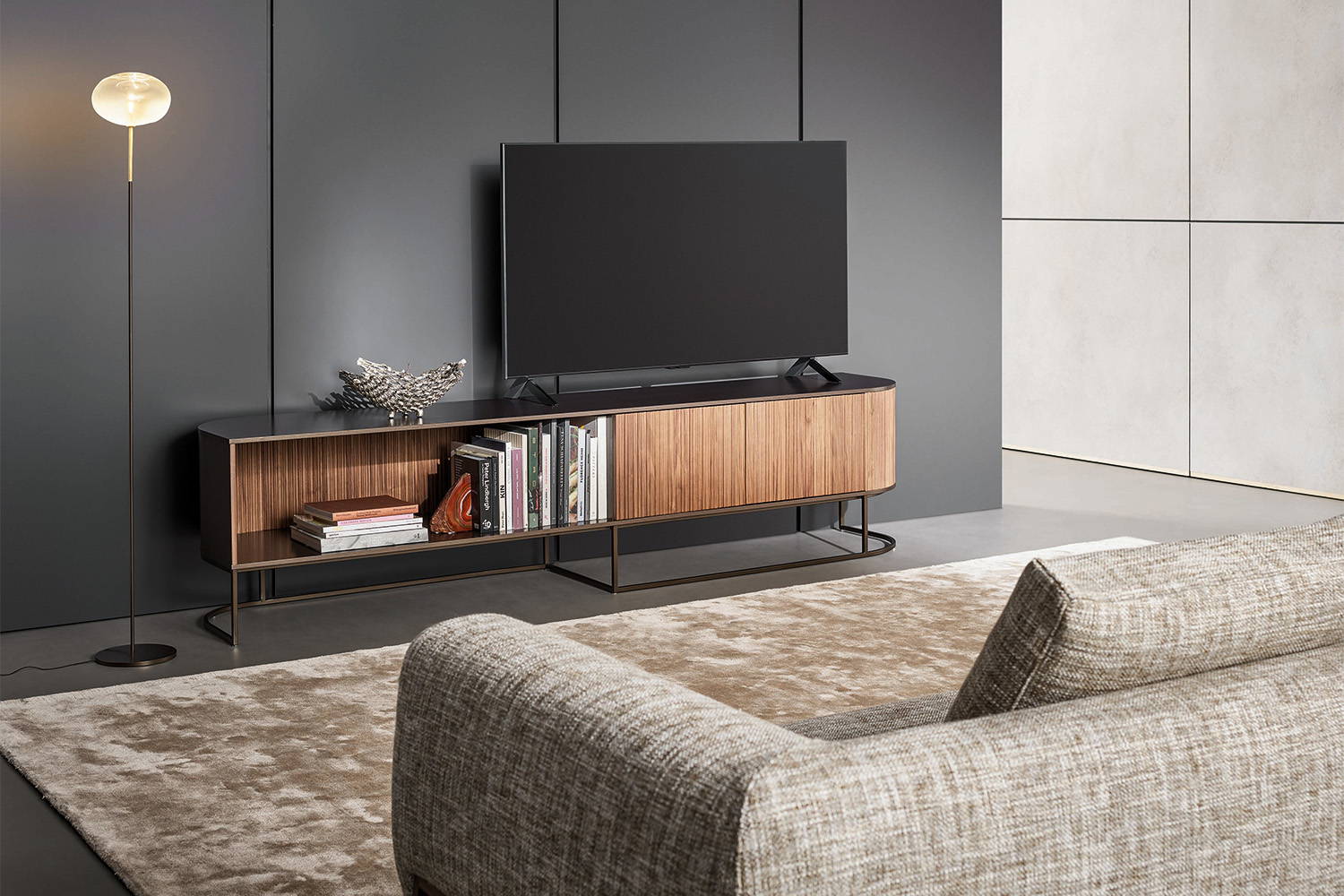 The Dune TV stand with the Pepita floor lamp.