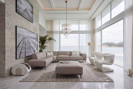 The Edwin Corner Sectional Sofa with Peninsula with matching ottoman, and Dean armchairs.