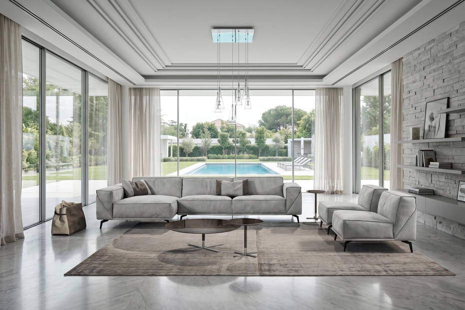 Edwin corner sectional sofa with peninsula in composition with optional Edwin ottoman