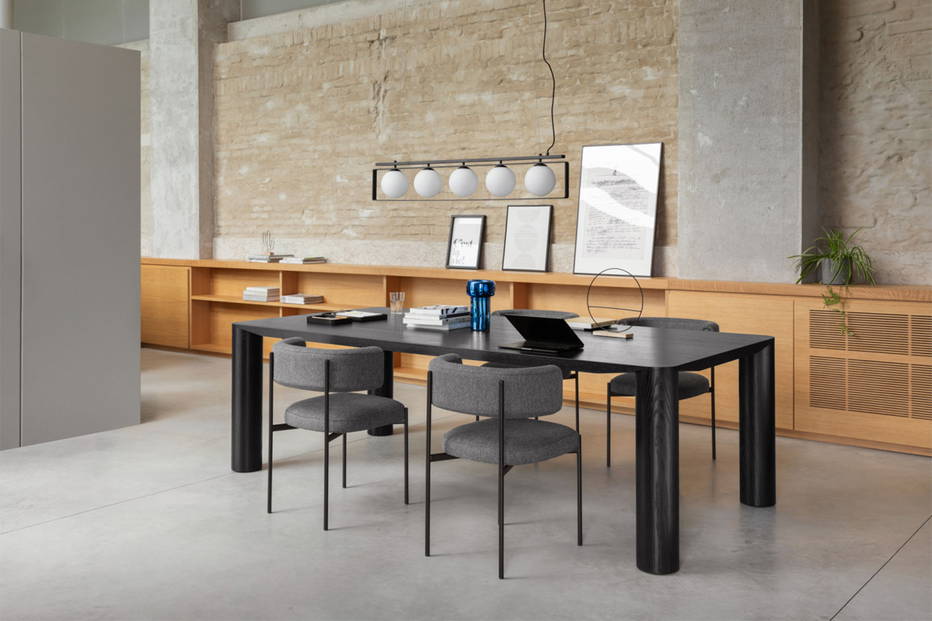 Eggen Dining Table with Suspense Liner Suspension and Amelie Dining Chairs