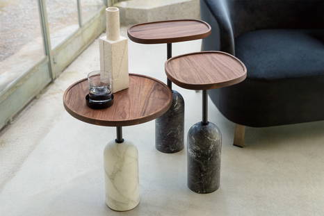 Ekero end tables, round, square, and oval-shaped tops by Porada
