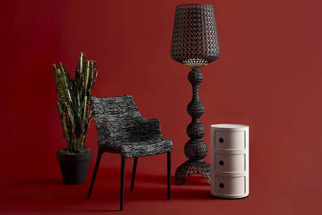 Eleganza Nia Armchair with the Kabuki Floor Lamp and Componibili Bio End Table