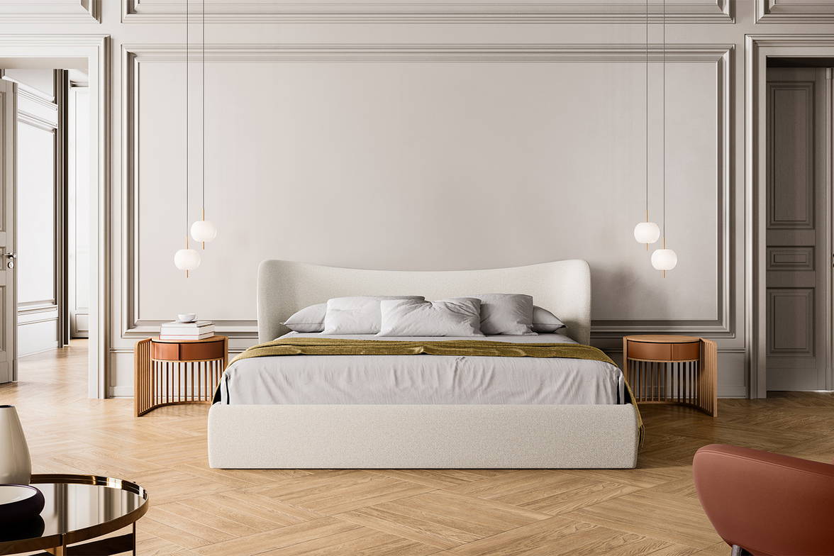 The Embrace Bed with Palu nightstands. The Embrace Bed with Palu nightstands.
