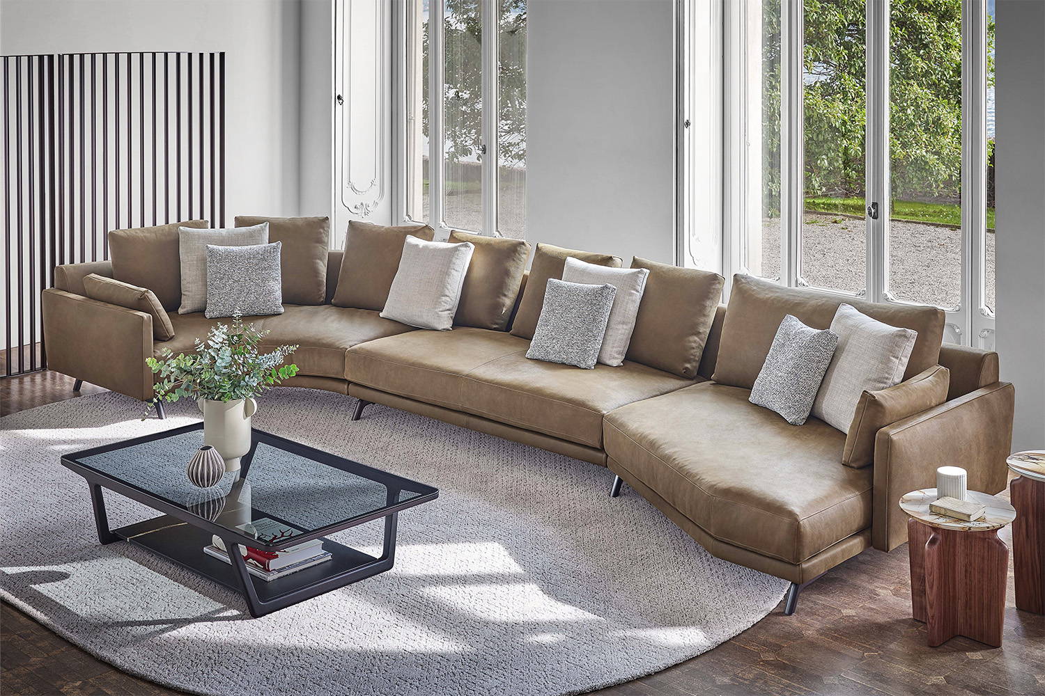 Etienne Curved Sectional Sofa with Chaise in 3 Piece version with Script coffee table.