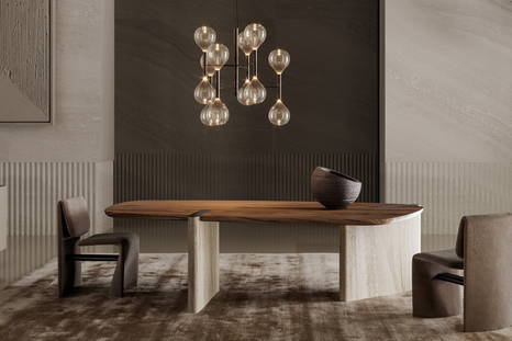 Flatiron dining table comes in an accented base version providing a blend of brushed wood tops with marble and lacquered wood bases