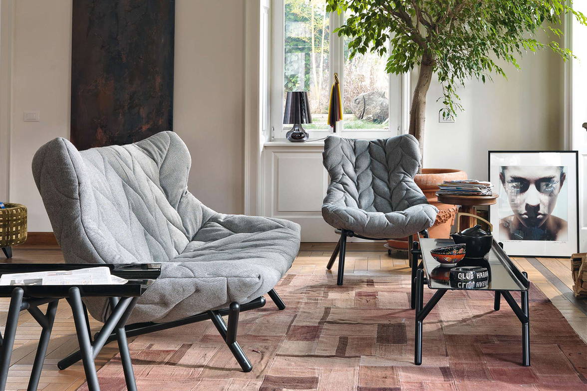Foliage fire-resistant sofa with Foliage fire-resistant lounge chair in living area setting Foliage fire-resistant sofa with Foliage fire-resistant lounge chair in living area setting