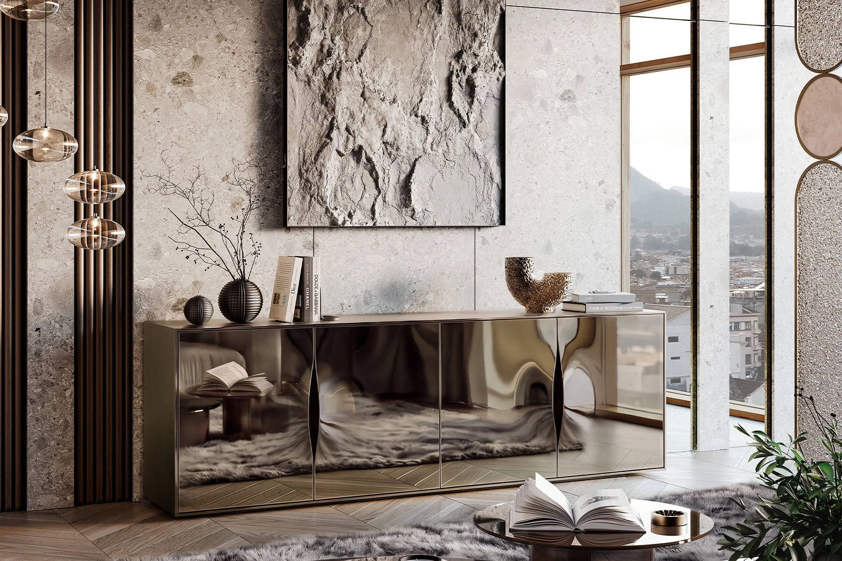 Fontana Sideboard with Andromeda Suspension Light and Totem Coffee Table