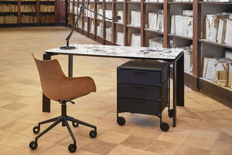 Four Ceramic Dining Table with the Q/Wood Office Chair and Aledin Table Lamp