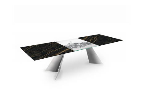 Galax dining table (black Desire glossy ceramic top, clear glass center, chrome mechanism and base)