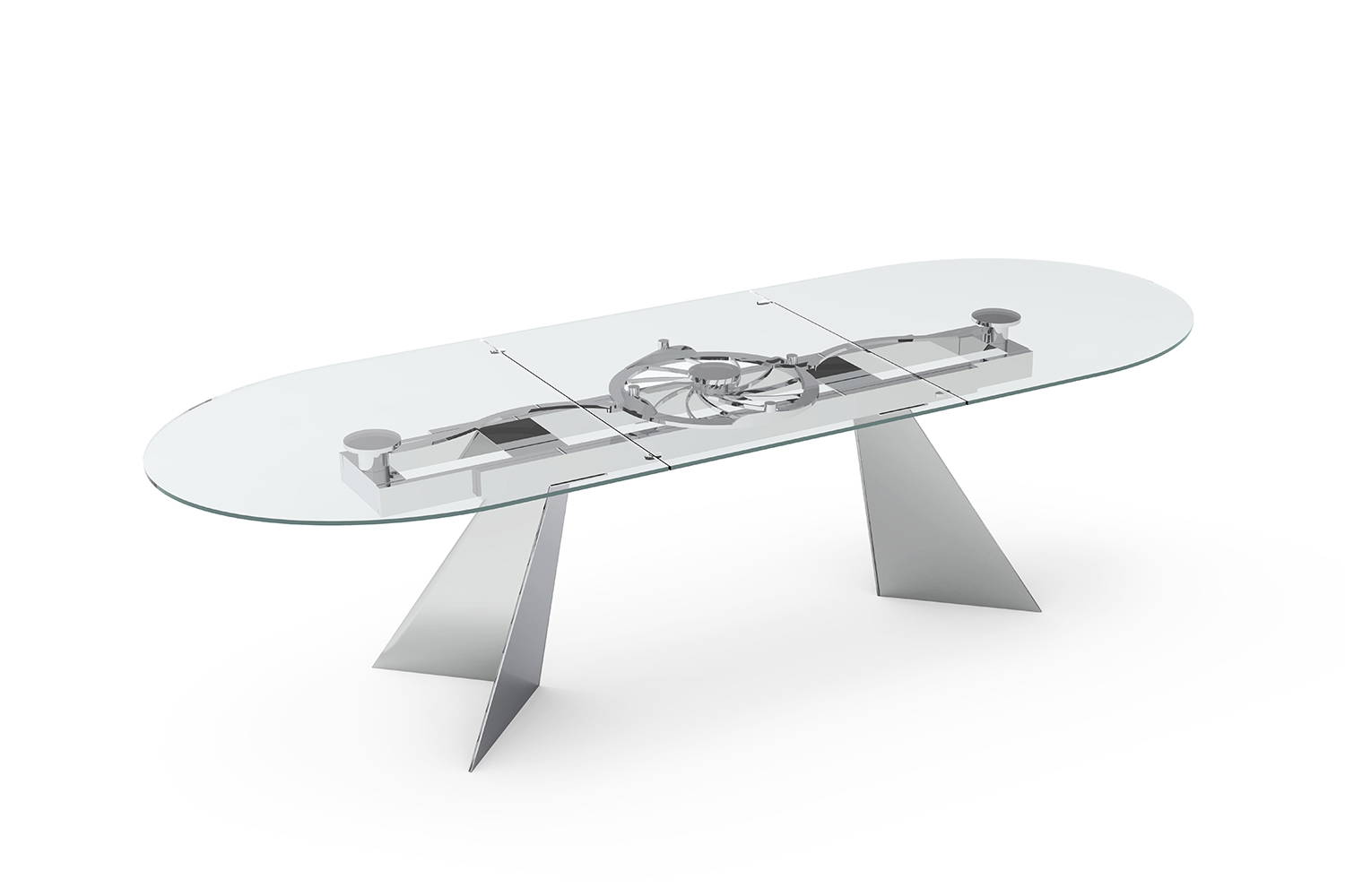 Galax oval dining table with extraclear glass top and chrome mechanism and legs