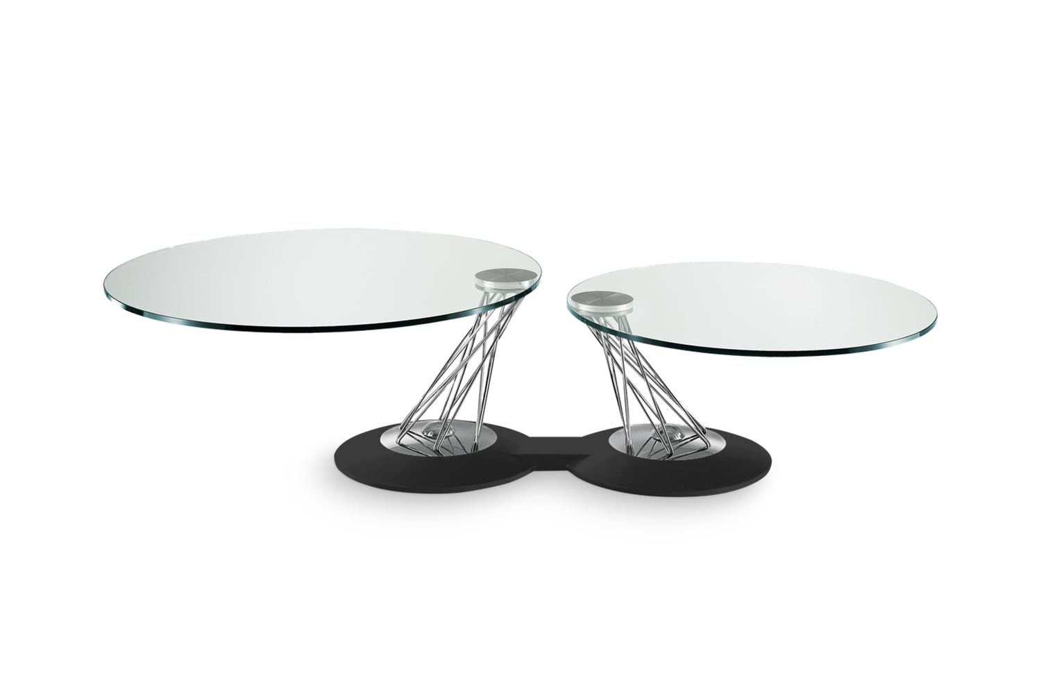 Gemelli coffee table by Naos (clear glass tops, chrome supports, black embossed base)