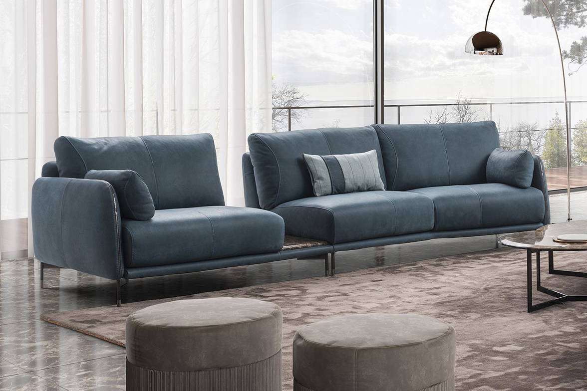 Ghisolfa curved sectional sofa in blue leather upholstery Ghisolfa curved sectional sofa in blue leather upholstery