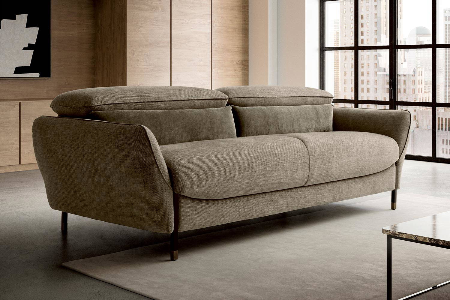 Giotto Sleeper Sofa by Nicoline Italia
Upholstery: AVO 13 Cat. G
Lumbar Pillows: VEG 45 Cat. G
Piping: VEG 45 Cat. G