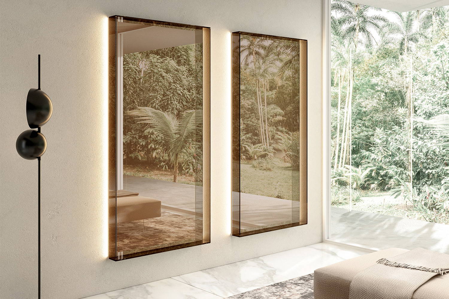 Glass mirrors with smoked bronze finishes.