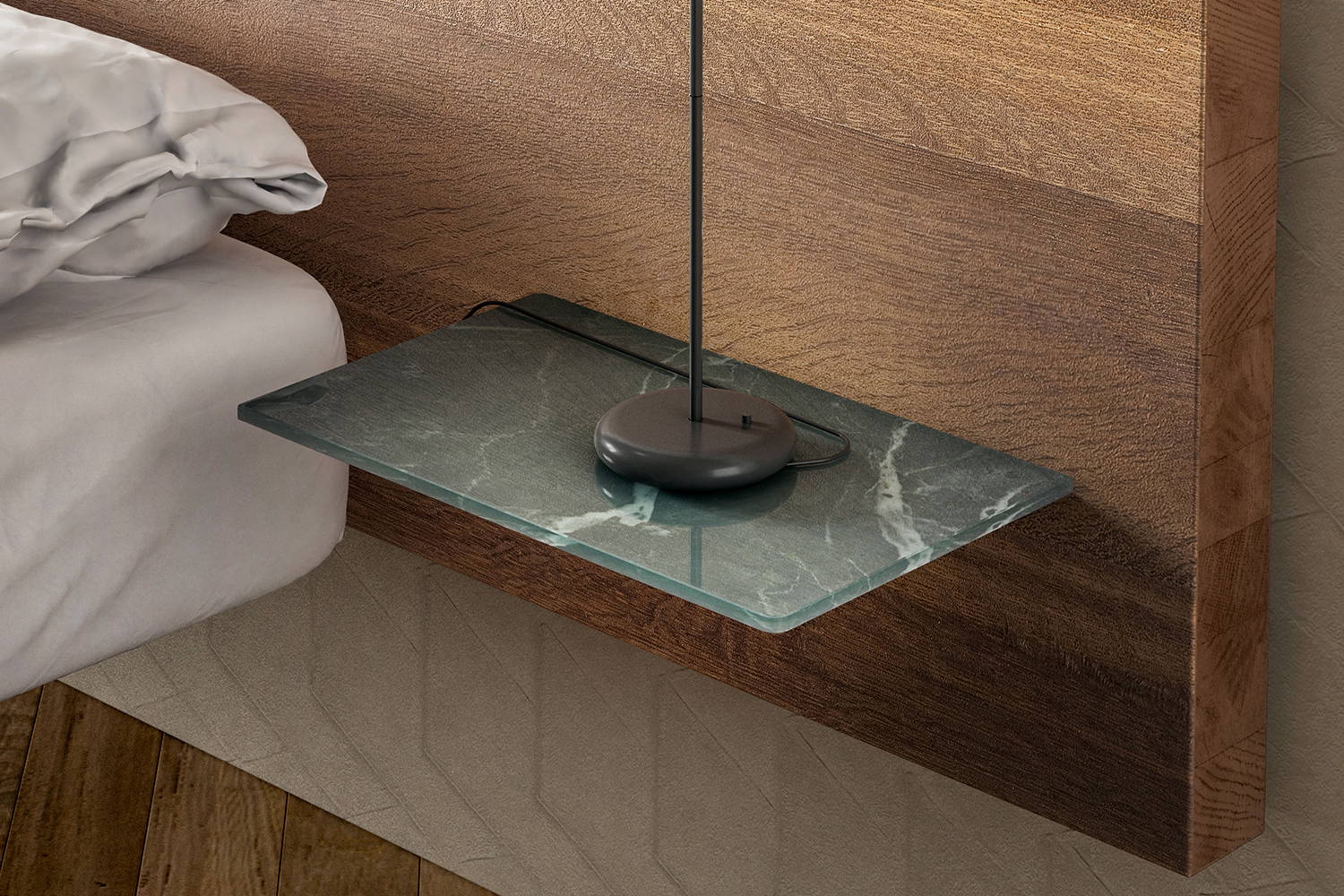 Glass shelf for wooden headboard by Lago detailed view