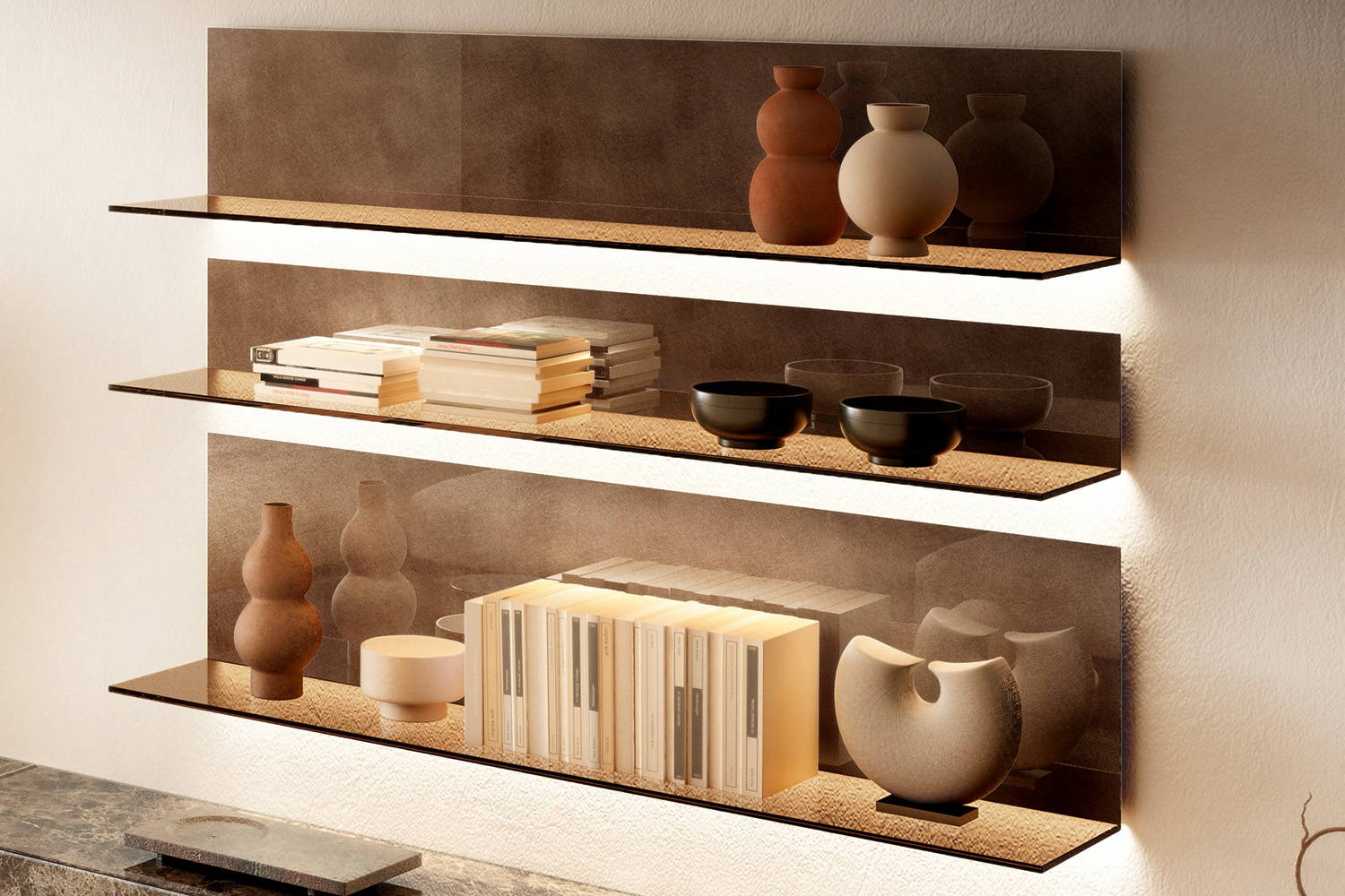 The 7¼"H, 10¾"H, and 14½"H versions of the Glasserie Shelves.