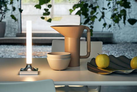 Goodnight Outdoor Table Lamp in polished chrome finish dining table