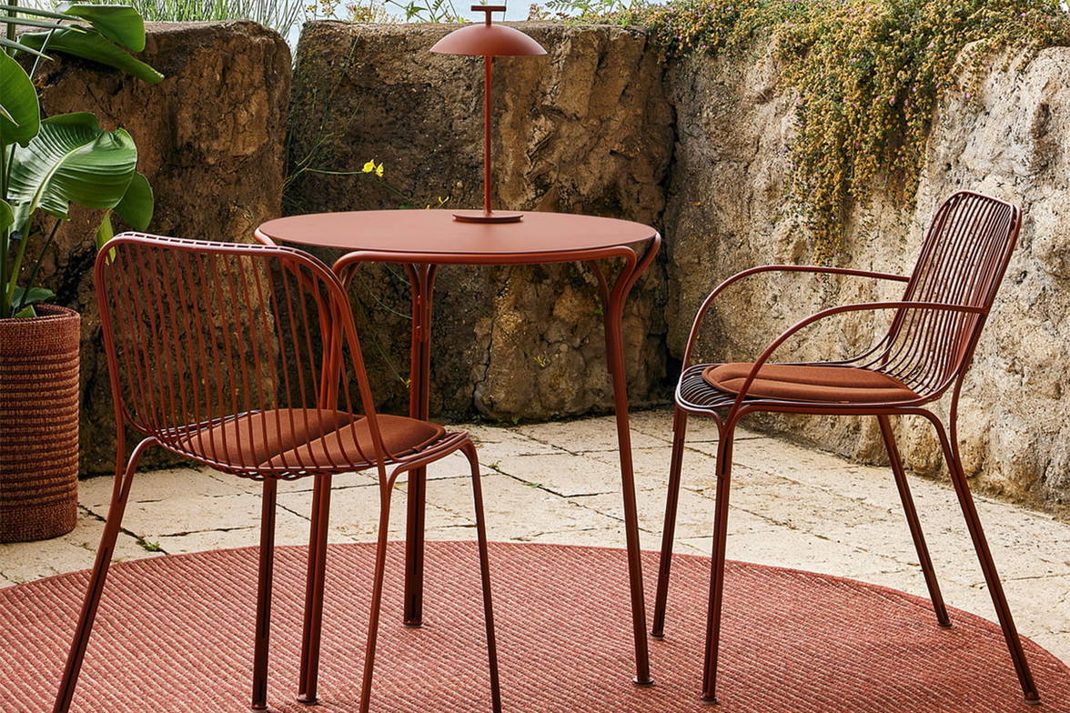 Hiray Bistro Table in rust finish with the Geen-A Mini Table Lamp in brick red finish Hiray Bistro Table in rust finish with the Geen-A Mini Table Lamp in brick red finish