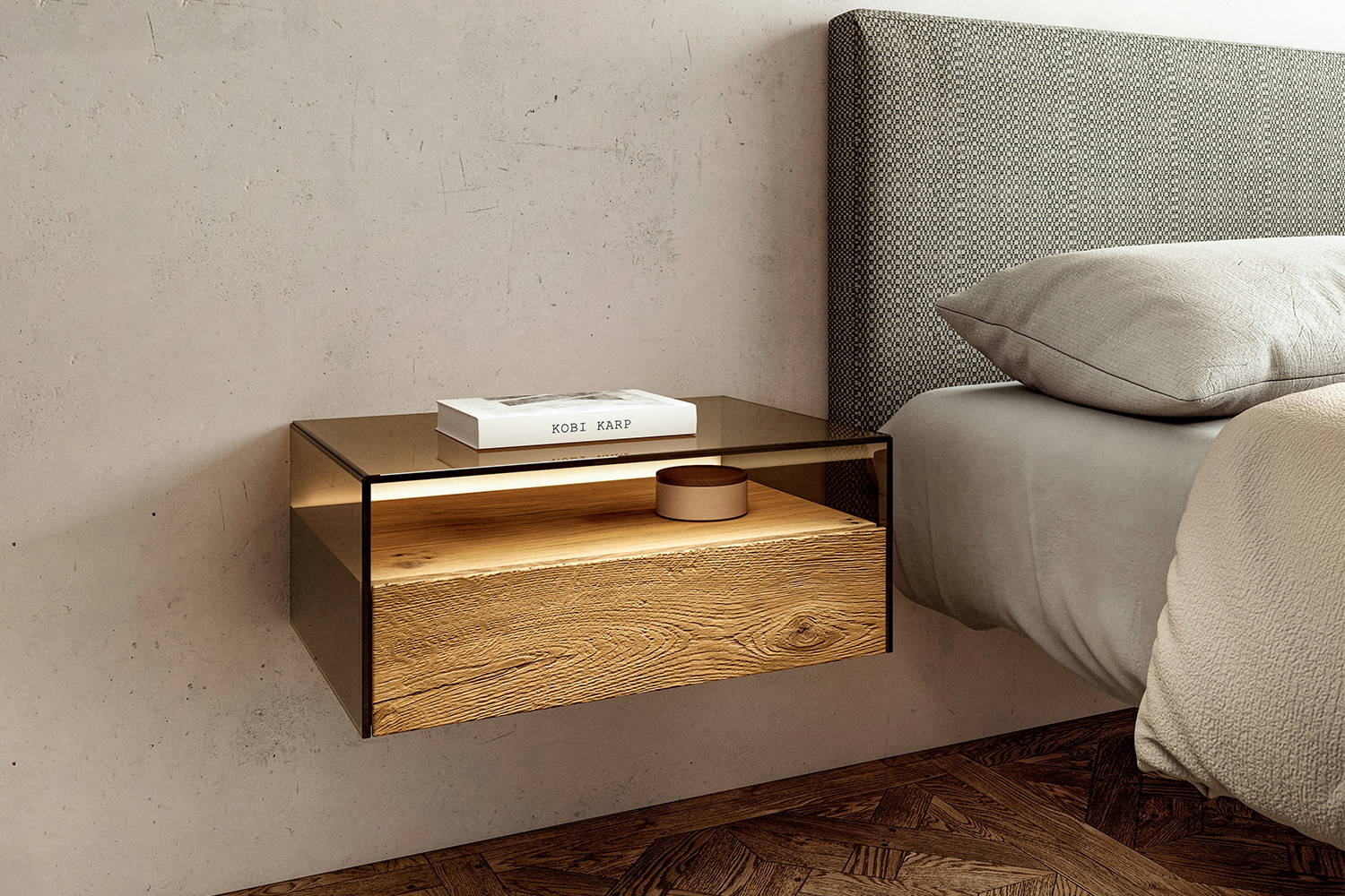 The Hom 2124 Nightstand in natural wildwood with a smoked bronze glass structure.
