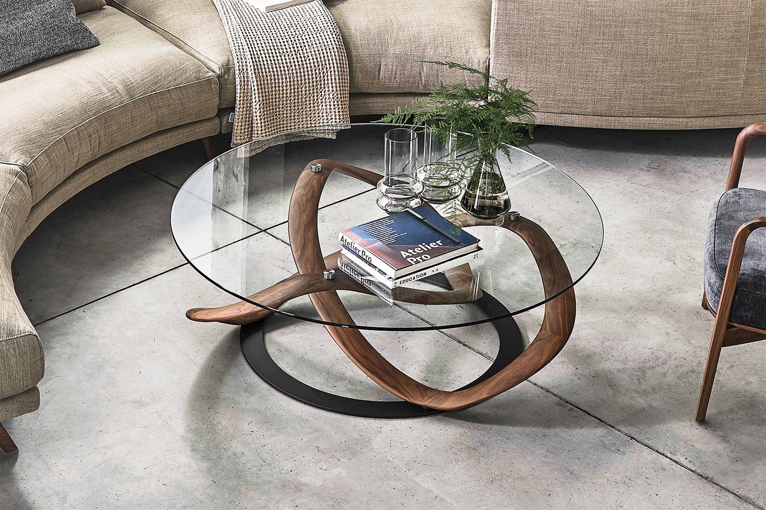Infinity Round coffee table with Etienne sectional