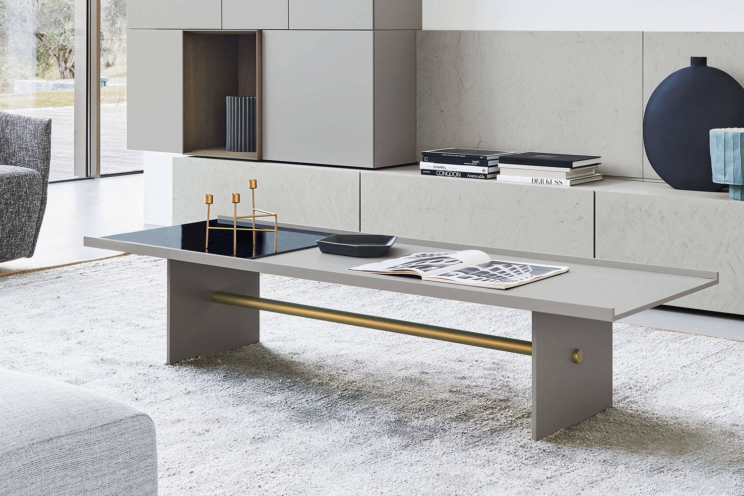 Irori coffee table with Stretcher in Brass finish