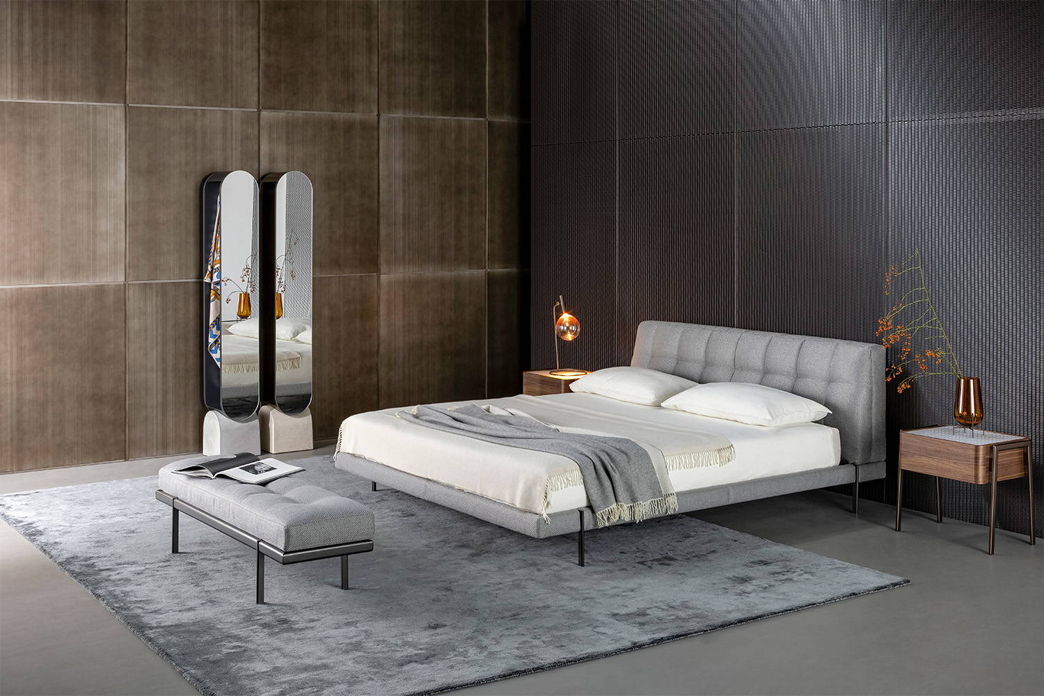 The James bed with the James bench, Partout Nightstand, and Vague mirrors.
