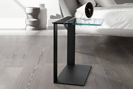 Joliet end table with black base and clear glass top
