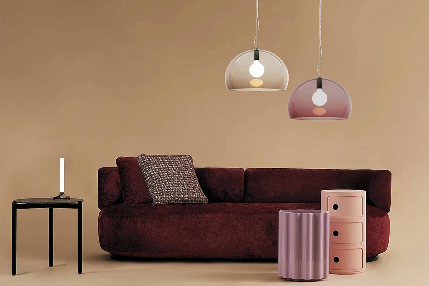 K-Waiting Sofa with the Fl/y Suspension Light, Componibili End Table, and Undique End Table