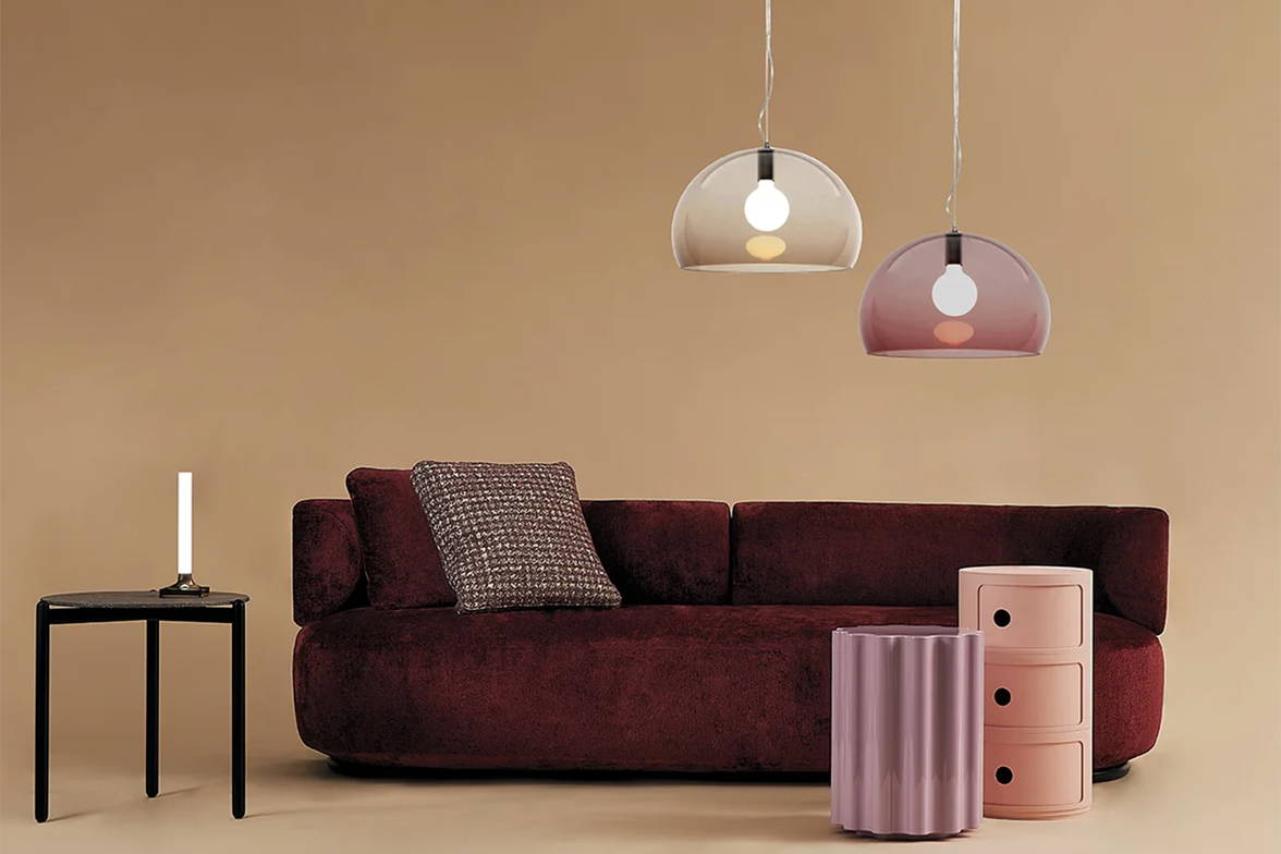 K-Waiting Sofa with the Fl/y Suspension Light, Componibili End Table, and Undique End Table K-Waiting Sofa with the Fl/y Suspension Light, Componibili End Table, and Undique End Table