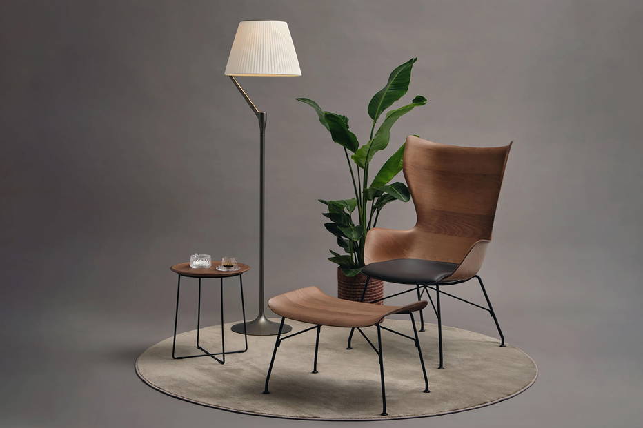 K/Wood Leather Lounge Chair with the Angelo Stone Floor Lamp and Al Wood End Table