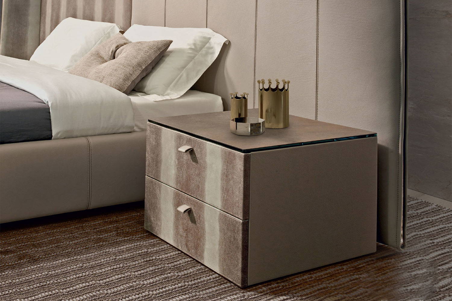 Morfeo nightstand (pattern style upholstery as on the picture available on request) with Ossido Bruno ceramic top