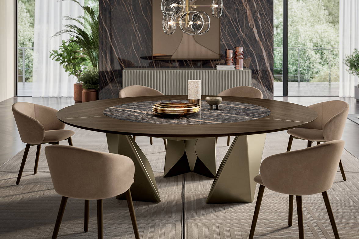 Kaleido round dining table, Noir Desir top, Spessart Oak outer top Kaleido round dining table, Noir Desir top, Spessart Oak outer top
