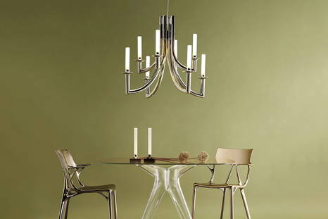 Khan Chandelier with the A.I. Dining chairs and Sir Gio kitchen table