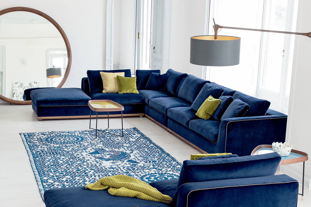 Kirk composition D sectional sofa with chaise with Fritz end table, Gary big floor lamp, and Giove wall mirror by Porada Kirk composition D sectional sofa with chaise with Fritz end table, Gary big floor lamp, and Giove wall mirror by Porada