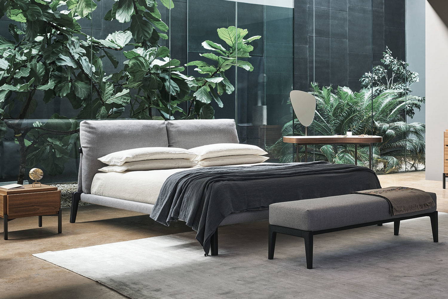 Kriss bed with the Kriss bench and Groove nightstand.