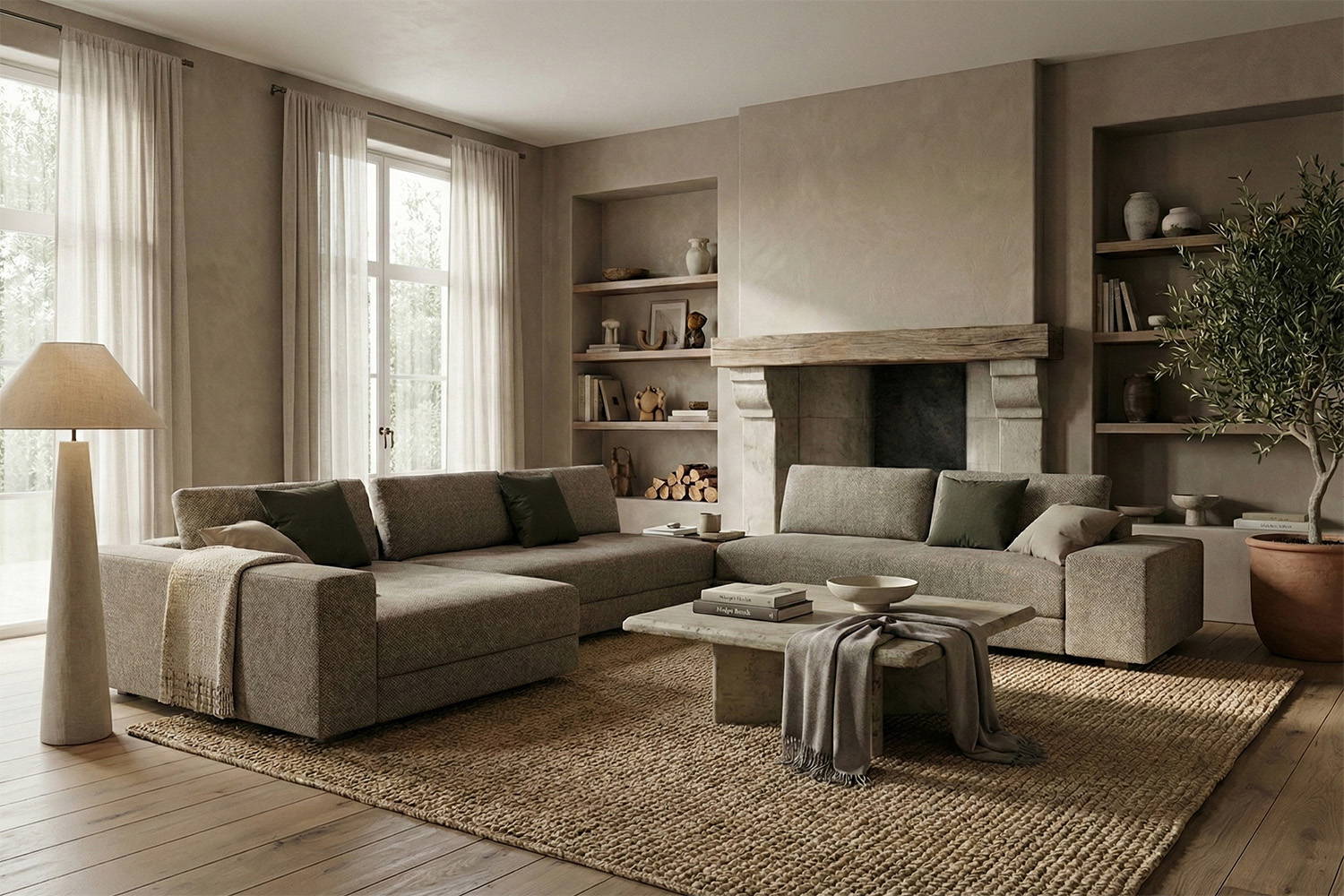 Kuba Plain J-Shape Sectional Sofa with Table